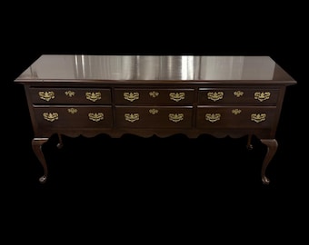 Harden Queen Anne Solid Cherry Console Table, 6 Dovetail Drawers, Brass Hardware, USA
