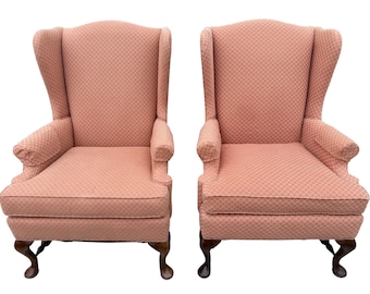 Pennsylvania House Wingback Chairs, Pair, Salmon Diamond Upholstery, Cabriole Legs
