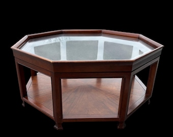 Baker Furniture Octagonal Coffee Table, Mahogany, Glass Top, Lower Shelf, Mid Century