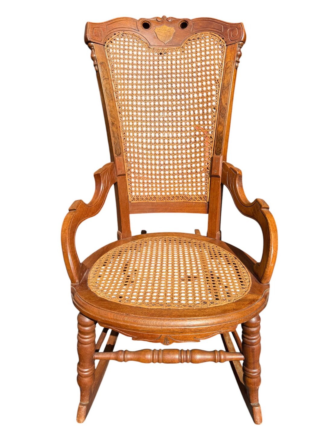 Victorian Walnut Caned Rocking Chair, Burl Wood Inlay, Antique 19th ...