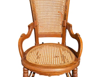Victorian Walnut Caned Rocking Chair, Burl Wood Inlay, Antique 19th Century Rocker