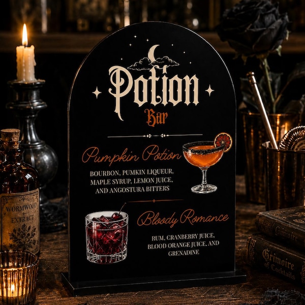 Halloween Signature Drink Sign, Witch Cocktail Sign, Custom Halloween Drink Menu, Black Acrylic Halloween Party Decor, Potion Bar Menu