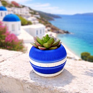 Grecian Pattern Planter | Small Indoor Plant Pot | Blue & White Decor