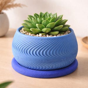 May include: A blue ceramic planter with a textured wave design, holding a green succulent plant. The planter sits on a matching blue saucer. The succulent is surrounded by small white pebbles. A white candle and a small vase are in the background.