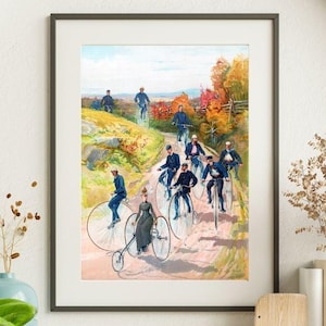 Retro Penny Farthing Bicycle Poster, High Wheeler Cycling Art, Bike Ride Print, Autumn Forest Scenery, Cyclist Gift, Adventure Art, Unframed