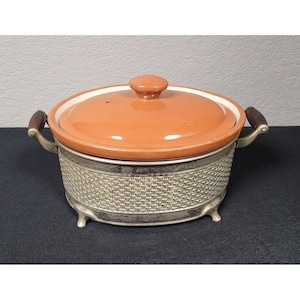 Guernsey Cooking Ware Stoneware Bean Pot Casserole Dish w/ Metal Carrier 1940s