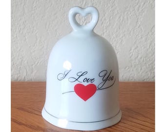 I Love You with Red Heart 3 1/2 inch tall Porcelain Bell Vintage 1980s
