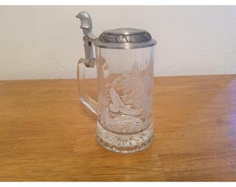 Vintage Etched Eagle Glass Stein With Pewter Hinged Lid 1980s