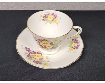 Tuscan Fine English Bone China Tea Cup & Saucer Set Yellow  Purple Flowers