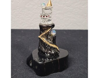 Glass Castle Figurine on Wood Stand approximately 3 1/2 in tall Vintage 1990s