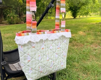 Handmade Quilted Stroller Bag | Goose Print Organizer Tote with Magnetic Closure
