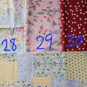 May include: Assortment of fabric swatches featuring floral and fruit patterns. Includes a light blue fabric with roses, a pink fabric with strawberries, and a red fabric with white flowers. Also includes a patchwork design with yellow and blue patterns.