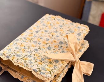 Quilted Bible Cover with Bow Closure and Lace Trim (Floral Fabric)