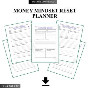 May include: A digital download titled "Money Mindset Reset Planner" with pages for self-reflection. The pages include prompts for past money experiences, money mindset awareness, and rewriting your money story. The planner is available in PNG and PDF formats.
