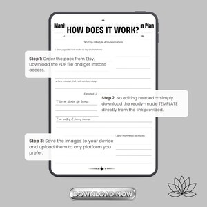 May include: A digital 90-Day Lifestyle Activation Plan template on a smartphone screen. The plan includes prompts and instructions. Text includes "How Does It Work?" and "Download Now." A lotus flower graphic is in the bottom right corner.