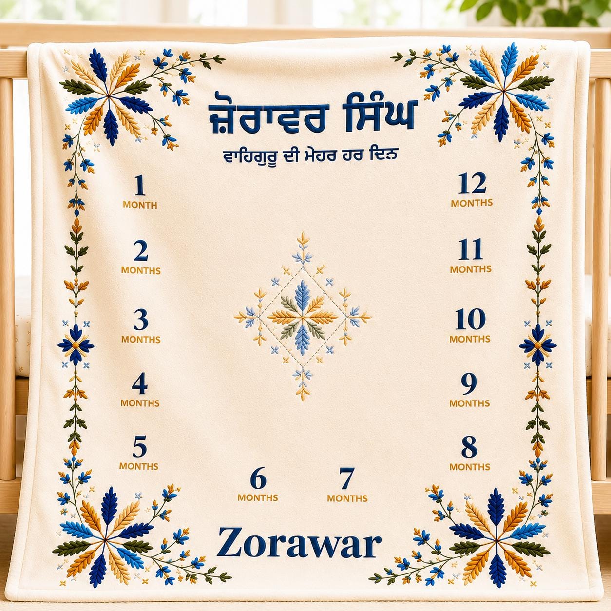 Punjabi Baby Milestone Blanket, Gurmukhi Name Monthly Photo Prop, Phulkari Floral Design, Sikh Newborn Keepsake, Indian Baby Shower Gift
