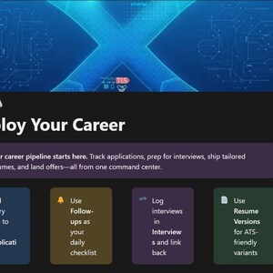 Op de afbeelding: Een website-interface met een donkere achtergrond en blauwe en witte graphics. De tekst "Deploy Your Career" wordt weergegeven, samen met verschillende actie-items: "Add every role to Job Applications", "Use Follow-ups as your daily checklist", "Log interviews in Interview and link back" en "Use Resume Versions for ATS-friendly variants".