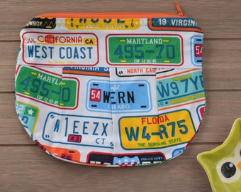 Large Pleated Zippered Pouch - Fun USA License Plate Pattern