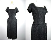Vintage 1950s Black Lace Cocktail Dress 50s Lace Dress with Pockets Size M