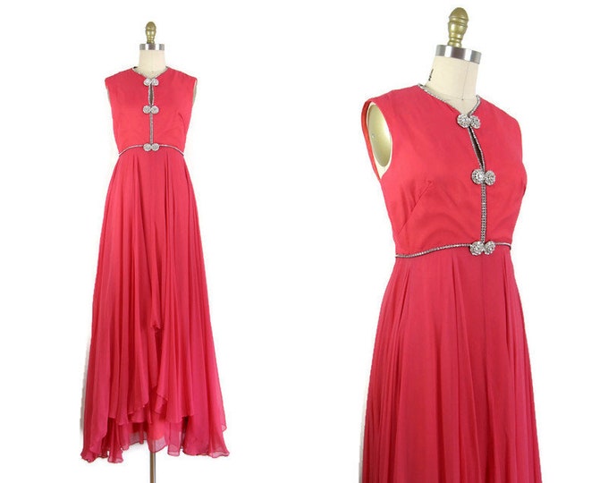 Vintage 1960s Shocking Pink Silk Chiffon Gown with Rhinestone Trim Size S