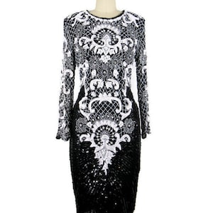 Vintage 1980s Black and White Beaded Silk Dress by Sweelo Size M image 2