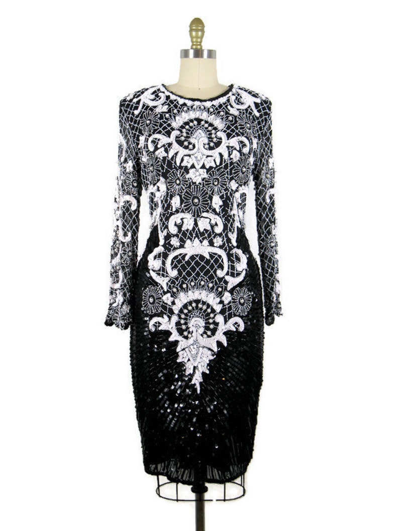 Vintage 1980s Black and White Beaded Silk Dress by Sweelo Size M image 2