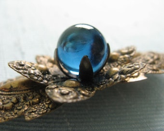 Vintage 1930s Brooch 30s Stamped Brass Leaf Brooch with Blue Glass Orb Center