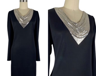 Vintage 1970s 1980s Black Jersey Dress with Silver Metal Mesh Cowl Neck by Carteret NY Size M