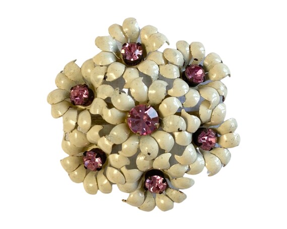 Vintage 1950s White enamel Flower Brooch with Pin… - image 2