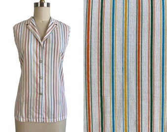 Vintage 1960s Colorful Pinstriped Cotton Blouse | Size M