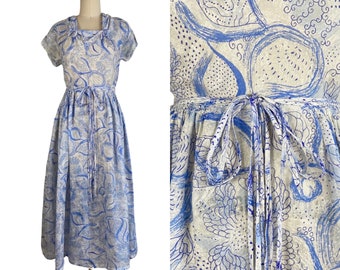 Vintage 1940s Silk Sheer Blue Sea Life Print Dress with Tie Belt | Size S