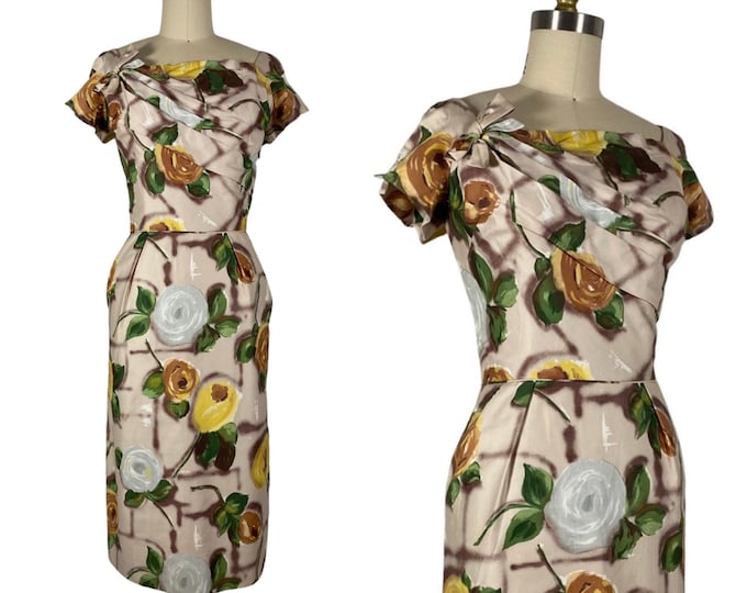 Vintage 1950s Cotton Sateen Floral Sheath Dress in Green Yellow and Ecru Rose Print | Size M