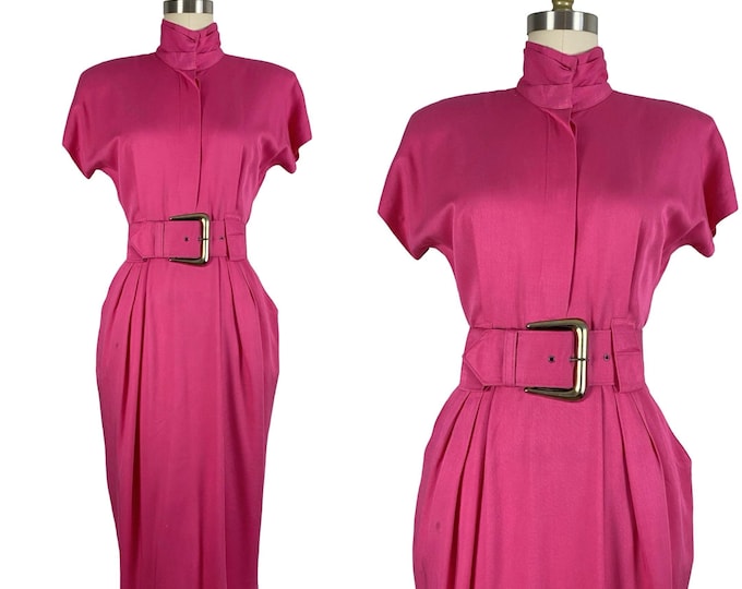 Vintage 1980's Hot Pink Rayon Power Dress with Belt by Rabbit Designs | Size S