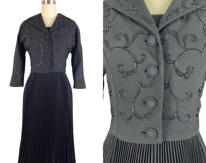 Vintage 1950s Black Wool Accordion Pleated Dress with Beaded Jacket by Don Loper | Size M