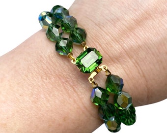 Vintage 1950s Emerald Green AB Crystal Bead Two Strand Bracelet