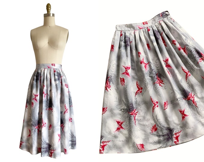 Vintage 1950s Cotton Butterfly Print Skirt Size S