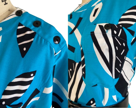 Vintage 1980s Blue 2 Piece Abstract Rayon Fish Pr… - image 7