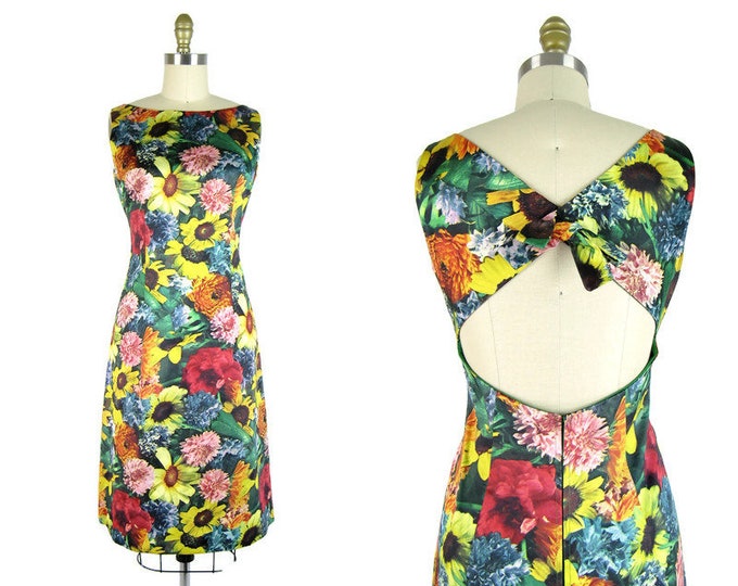 Vintage 1960s Heavy Satin Photo Print Floral Cocktail Dress Size S