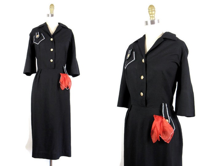 Vintage 1950s Black Uniform Style Fine Wool Dress with Great Pockets Size L