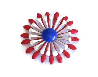 Vintage 1960s RWB Mod Enamel Flower Brooch Pin
