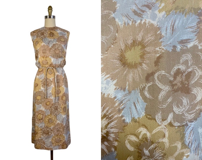 Vintage 1960s Muted Floral Silk Shantung Sheath Dress by Mancini Size M