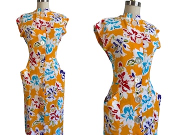 Vintage 1980's Does 1950s Bold Orange Rayon Floral Hawaiian Dress | Size S
