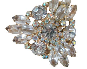 Vintage 50s 1950s Rhinestone Brooch AB rhinestones in Gold Tone Metal Unsigned