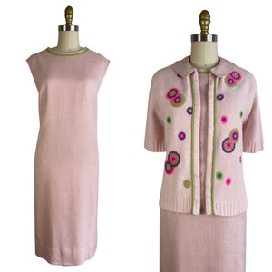 Vintage 1960s Pink Shift Dress and Embroidered Sweater Set by Adele Martin | Size L
