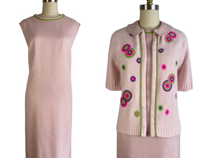 Vintage 1960s Pink Shift Dress and Embroidered Sweater Set by Adele Martin | Size L