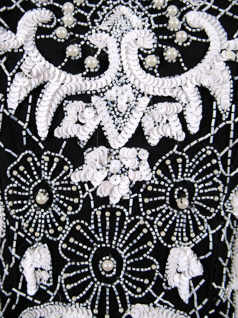 Vintage 1980s Black and White Beaded Silk Dress by Sweelo Size M image 5