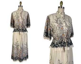 Vintage 1970s Polyester Knit Floral Dress Set Size M