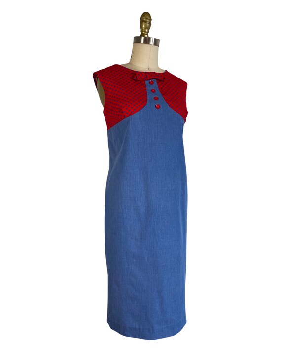 Vintage 1960s Blue and Red Polka Dot Shift Dress … - image 3