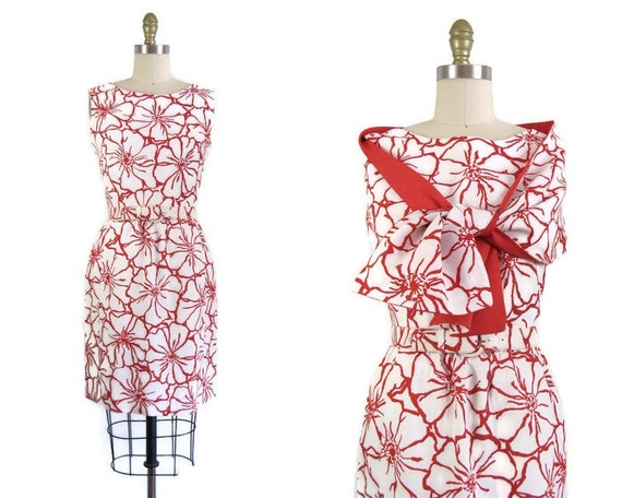 Vintage 1960s Red and White Floral Dress with Mat… - image 1