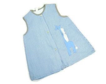 Vintage 1960s Girls Blue Gingham Giraffe Trapeze Dress Size 4/5